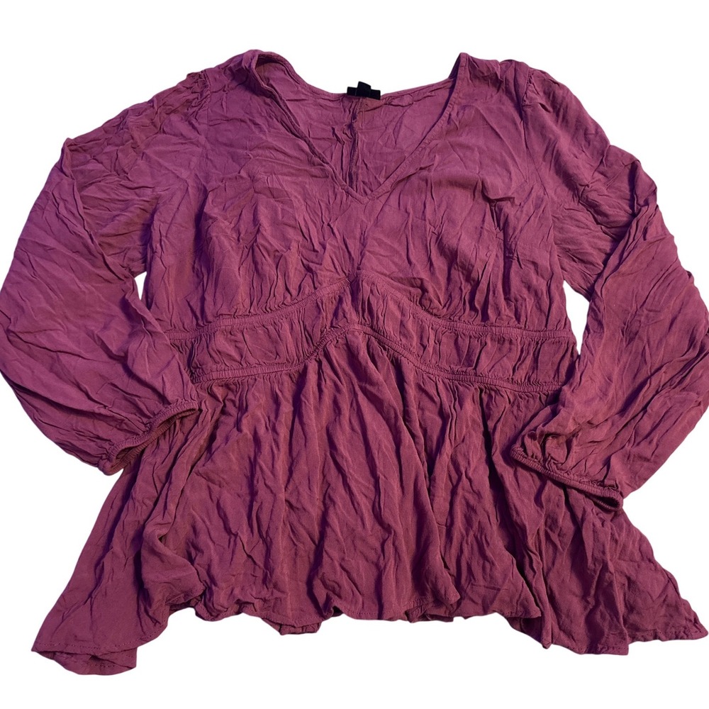 Torrid Plus Size Burgundy Smocked Peplum V-Neck Long Sleeve Blouse Size 2/2X